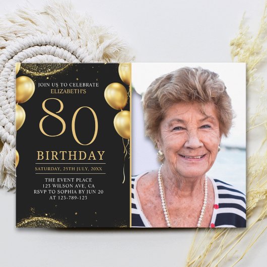 Invitation Elegant Gold Glitter Birthday 80th With Photo