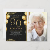 Invitation Elegant Gold Glitter Birthday 90th With Photo (Devant)
