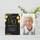 Invitation Elegant Gold Glitter Birthday 90th With Photo (Debout devant)
