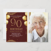 Invitation Elegant Gold Glitter Birthday 90th With Photo (Devant)