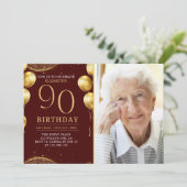 Invitation Elegant Gold Glitter Birthday 90th With Photo (Debout devant)