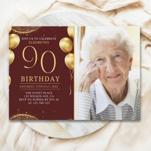 Invitation Elegant Gold Glitter Birthday 90th With Photo