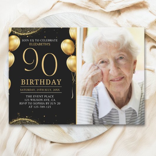 Invitation Elegant Gold Glitter Birthday 90th With Photo