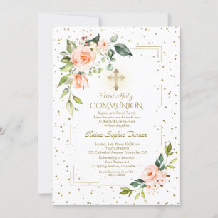 Invitation Elegant Gold Glitter Coral Flowers Holy Communion