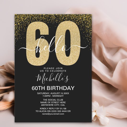 Invitation Elegant Gold Glitter "Hello 60" Birthday 