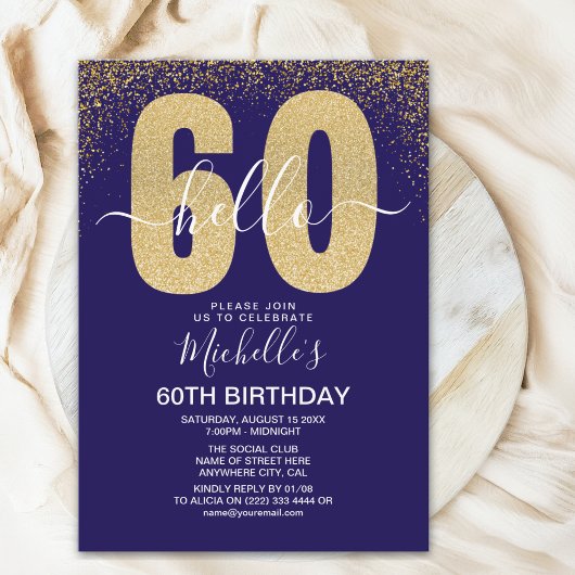 Invitation Elegant Gold Glitter "Hello 60" Birthday 