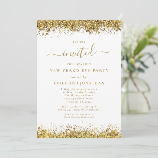 Invitation Elegant Gold Glitter Script New Years Eve Party (Debout devant)