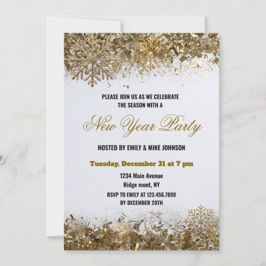 Invitation Elegant Gold Glitter Snowflake New Year Party (Devant)