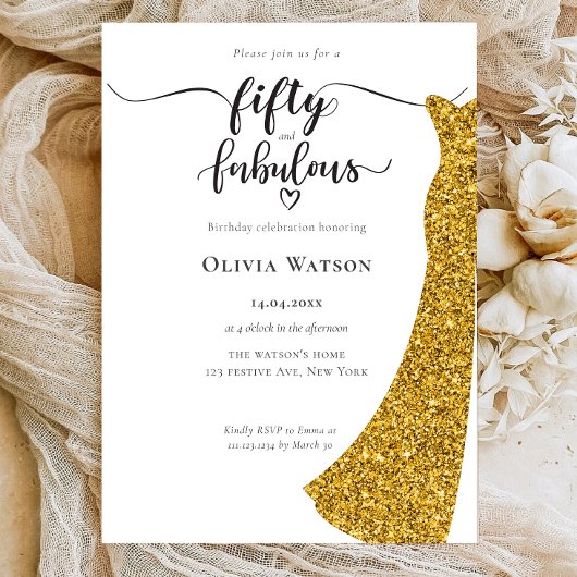 Invitation Elegant Gold Gown 50 et fabuleux anniversaire