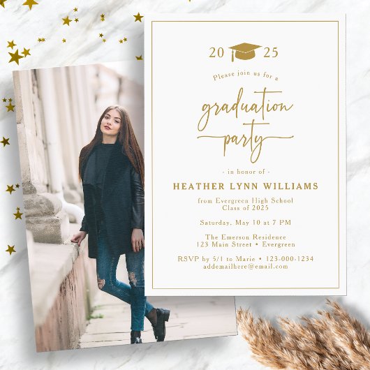 Invitation Elégant Gold Graduation Photo
