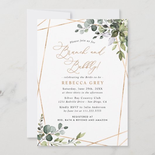 Invitation Elégant Gold Green Bridal Brunch & Bubbly (Devant)