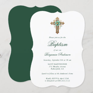 Invitation Elégant Gold Green Floral Cross Boy Baptism