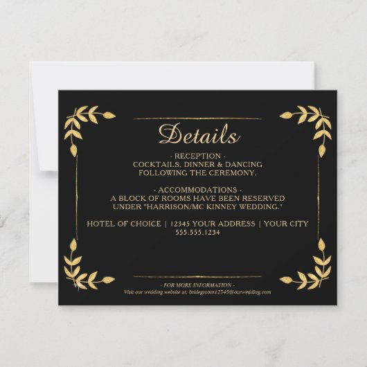 Invitation Elegant Gold Greenery Black Détails sur le Mariage (Devant)