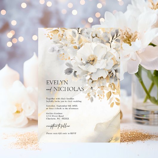 Invitation Elégant Gold Grey Gold Floral Wash code QR