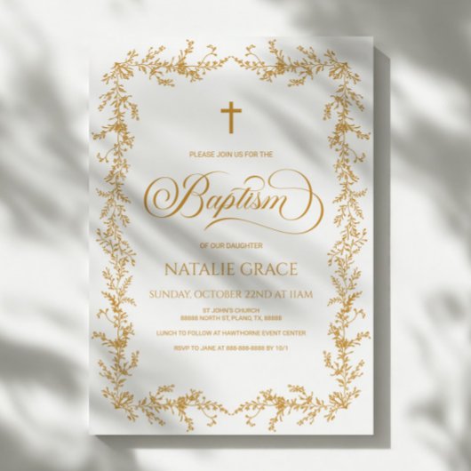 Invitation Elegant Gold Hand Drawn Floral Frame Baptism