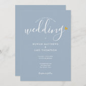 Invitation Elégant Gold Heart Dusty Blue Script Mariage (Devant / Derrière)