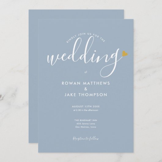 Invitation Elégant Gold Heart Dusty Blue Script Mariage (Devant / Derrière)