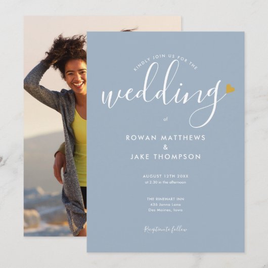 Invitation Elégant Gold Heart Dusty Blue Script Mariage photo (Devant / Derrière)