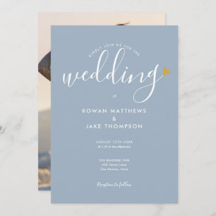 Invitation Elégant Gold Heart Dusty Blue Script Mariage photo