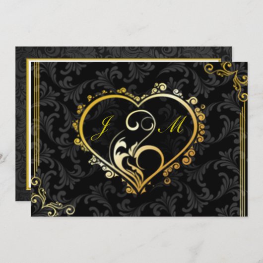 Invitation Elégant Gold Heart Monogram Fête des mariées Invit (Devant / Derrière)