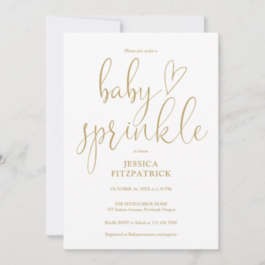 Invitation Élégant Gold Heart Script Baby Sprinkle Douche (Devant)