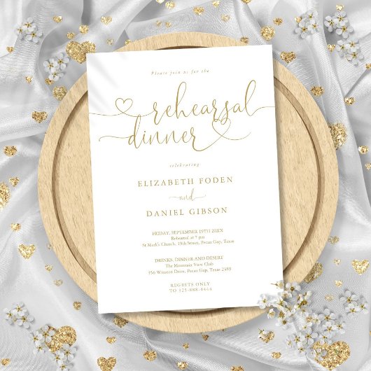 Invitation Élégant Gold Heart Script Dîner de répétition