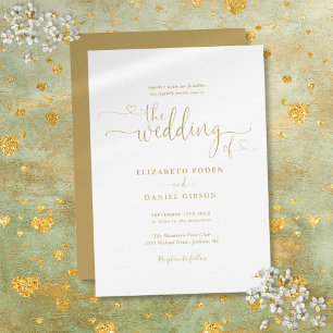 Invitation Elégant Gold Hearts Script Calligraphie Mariage