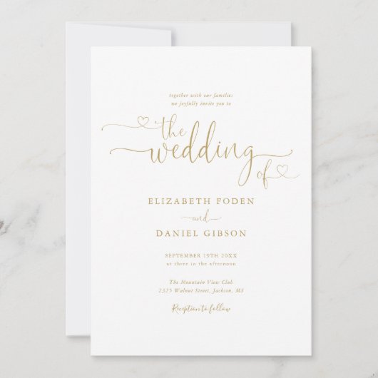 Invitation Elegant Gold Hearts Script Mariage photo (Devant)