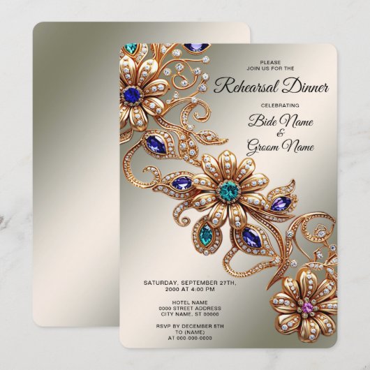 Invitation Elegant Gold Jewel Flowers Rehearsal Dinner (Devant / Derrière)