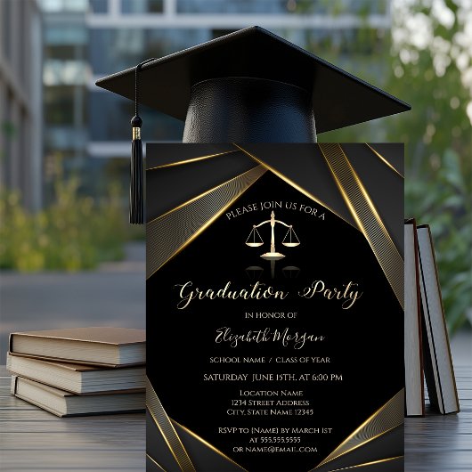 Invitation Elégant Gold Justice Scale Black Graduation