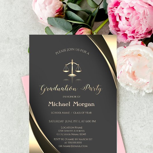 Invitation Elégant Gold Justice Scale Bordure Grey Graduation