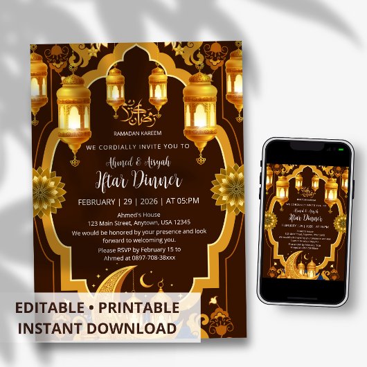 Invitation Elegant Gold Lantern & Crescent Moon Ramadan Iftar