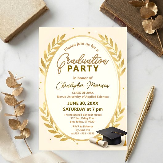 Invitation Elegant Gold Laurel Wreath & Cap Graduation Party