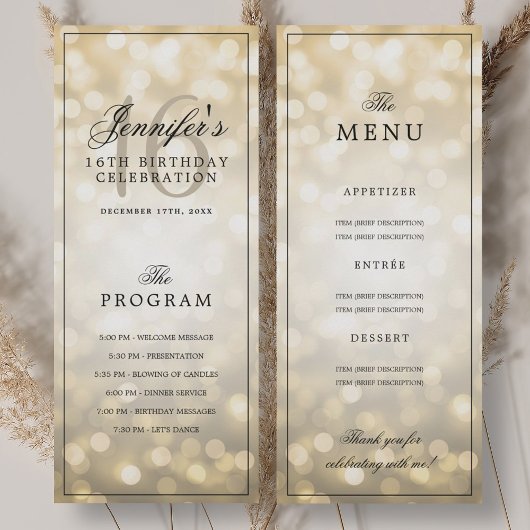 Invitation Elegant Gold Lights 16th Birthday Program Menu 