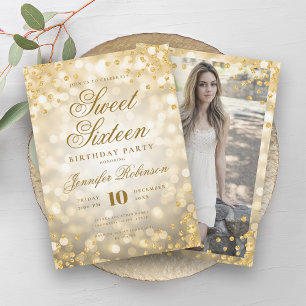 Invitation Elégant Gold Lights Glam Confetti Photo Sweet 16