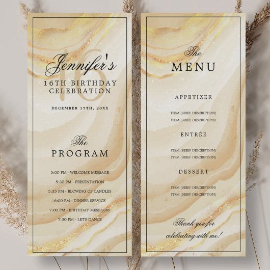 Invitation Elegant Gold Marble 16th Birthday Program Menu 
