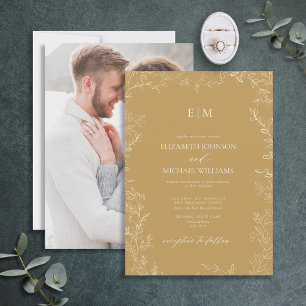 Invitation Élégant Gold minima feuille photo Mariage