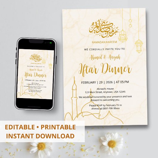 Invitation Elegant Gold Mosque Marble Ramadan Iftar Dinner