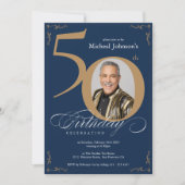 Invitation Elégant Gold Navy Blue 50e anniversaire (Devant)