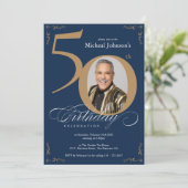 Invitation Elégant Gold Navy Blue 50e anniversaire (Debout devant)
