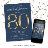Invitation Elégant Gold Navy Blue Classy 80e fête d'anniversa
