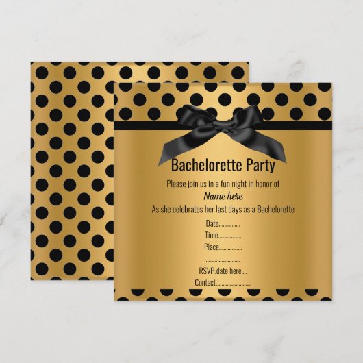 INVITATION ÉLÉGANT GOLD NOIR SPOT BACHELORETTE PARTY (Devant / Derrière)