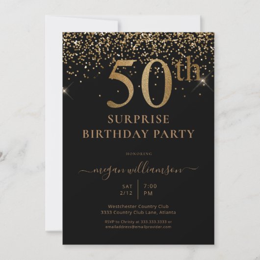 Invitation Elégant Gold Parties scintillant Fun Black 50th Bi (Devant)