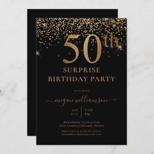Invitation Elégant Gold Parties scintillant Fun Black 50th Bi (Devant / Derrière)