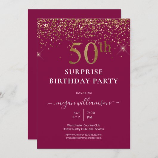 Invitation Elégant Gold Parties scintillant Fun Rose 50e Anni (Devant / Derrière)