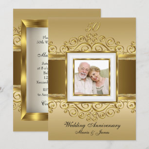 Invitation Elégant Gold & Pearl Swirl Photo 50 Anniversaire
