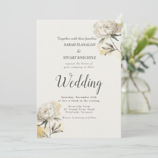 Invitation Elegant Gold Peony Photo QR Code Mariage (Debout devant)