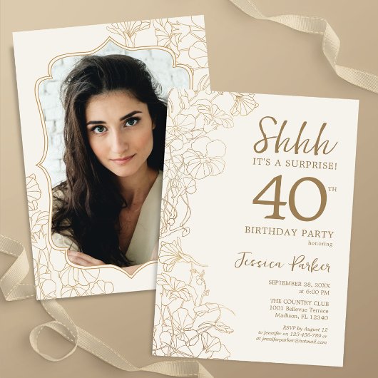 Invitation Elégant Gold Photo Surprise 40e anniversaire