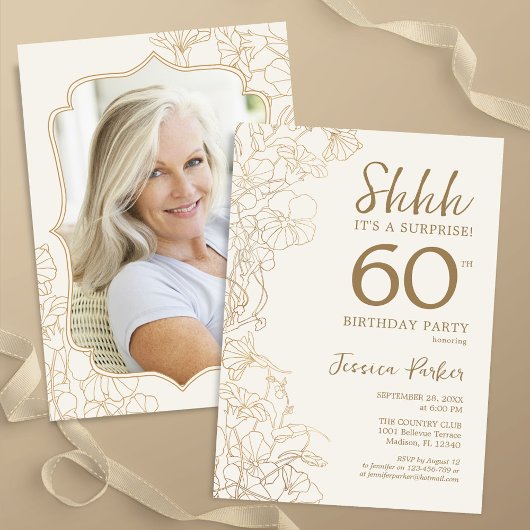 Invitation Elégant Gold Photo Surprise 60e anniversaire