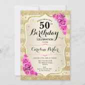 Invitation Elégant Gold Pink Photo 50e anniversaire (Devant)